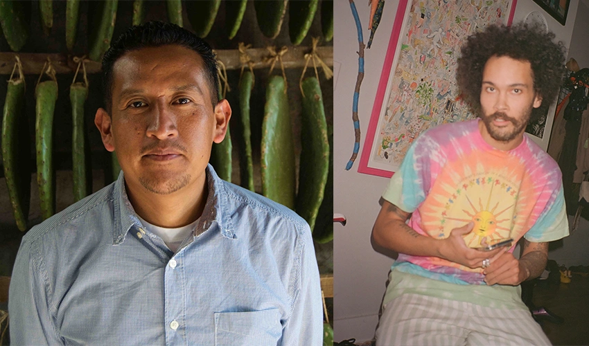 side by side photos of artists, the one on the left in a light blue button down shirt and the one on the right in a tie dye shirt, light checkered pants and big hair