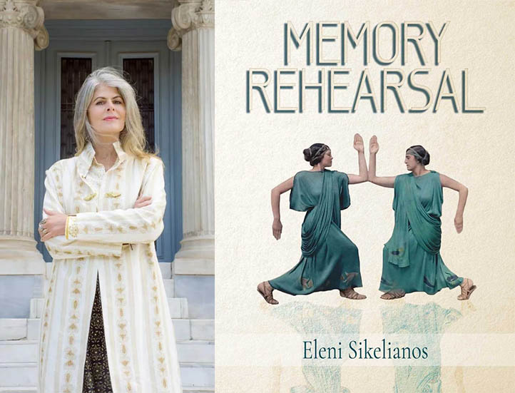 side by side photo of a woman in a white coat with her arms crossed standing in front of an old structure with big columns and on the right the cover of a book titled Memory Rehearsal featuring two female figures facing each other