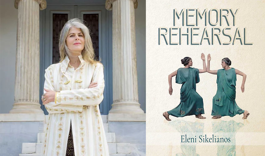 side by side photo of a woman in a white coat with her arms crossed standing in front of an old structure with big columns and on the right the cover of a book titled Memory Rehearsal featuring two female figures facing each other