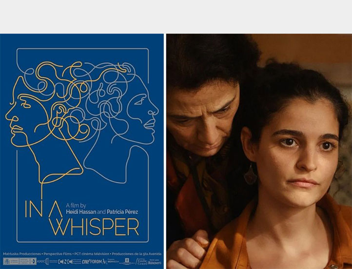 Split image: On the left, a blue film poster for In a Whisper featuring minimalist line drawings of overlapping faces in yellow and white, with the title “IN A WHISPER” at the bottom. On the right, a close-up still of two women: an older woman gently adjusting the collar of a younger woman.