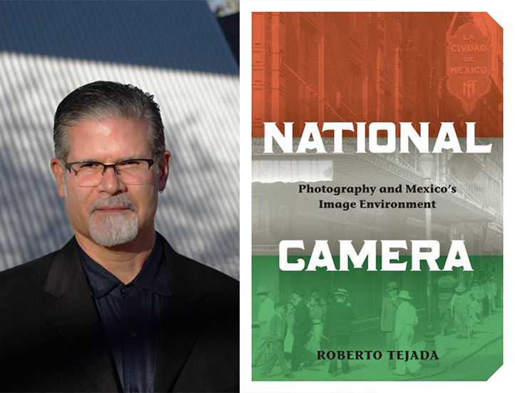 a portrait of the author in glasses and a dark suit side by side the cover of his book