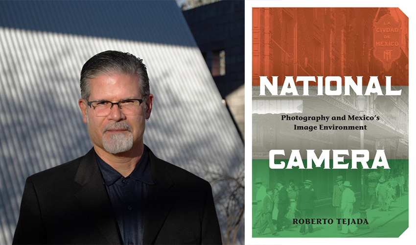 a portrait of the author in glasses and a dark suit side by side the cover of his book