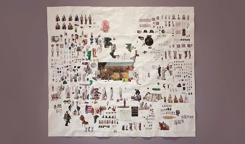 Image of collage artwork by Elliott Hundley with cutouts of sculptures by from the Museum’s collection