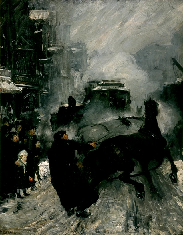 oil painting depicting a busy street scene of dark greys and blues featuring someone trying to rein in horse while onlookers watch
