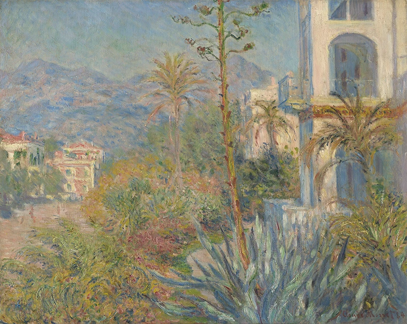 impressionist style oil painting of a landscape with mountains in the background and building in the foreground