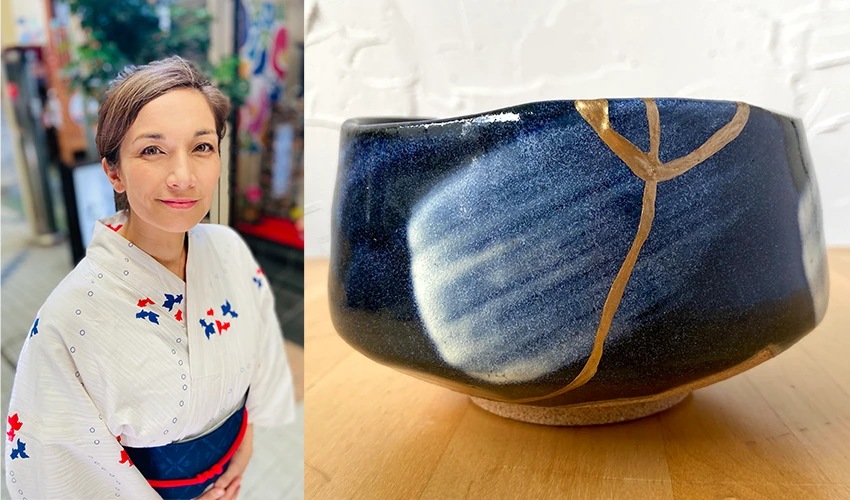 side by side images of a photo of a woman in white kimono looking up into the lens and on the right a blue ceramic bowl showing a crack in it repaired with gold 