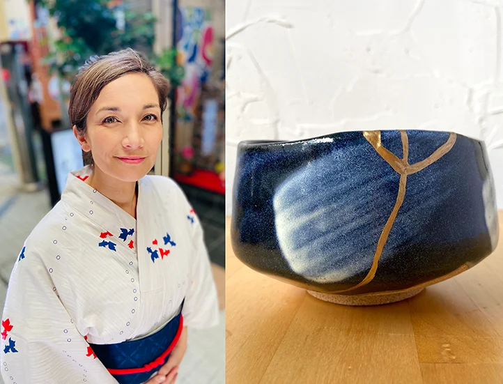 side by side images of a photo of a woman in white kimono looking up into the lens and on the right a blue ceramic bowl showing a crack in it repaired with gold 