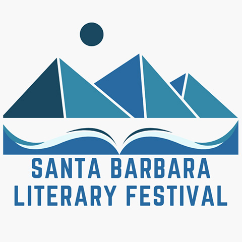 graphic for the santa barbara literary festival depicting a stylized ocean scene of water, islands and moon or sun in a variety of blues
