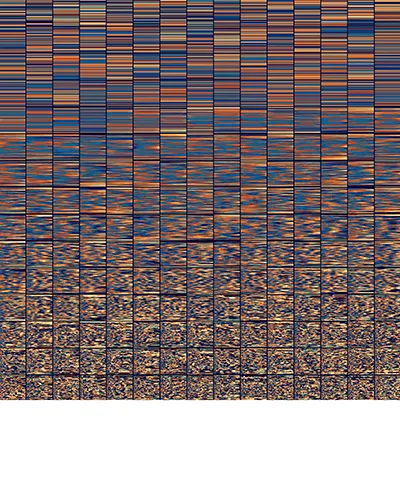 abstract and multicolored grid of a dozen plus columns of rows of colored segments