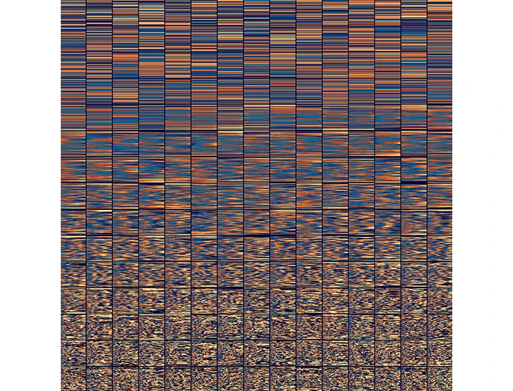 abstract and multicolored grid of a dozen plus columns of rows of colored segments