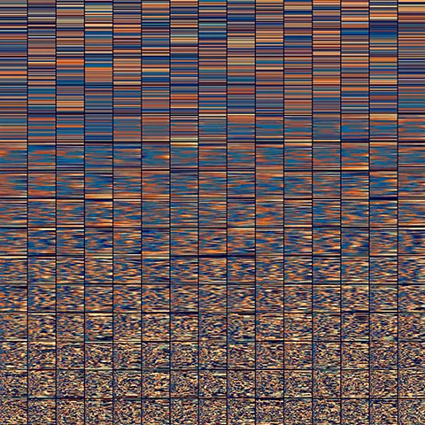abstract and multicolored grid of a dozen plus columns of rows of colored segments