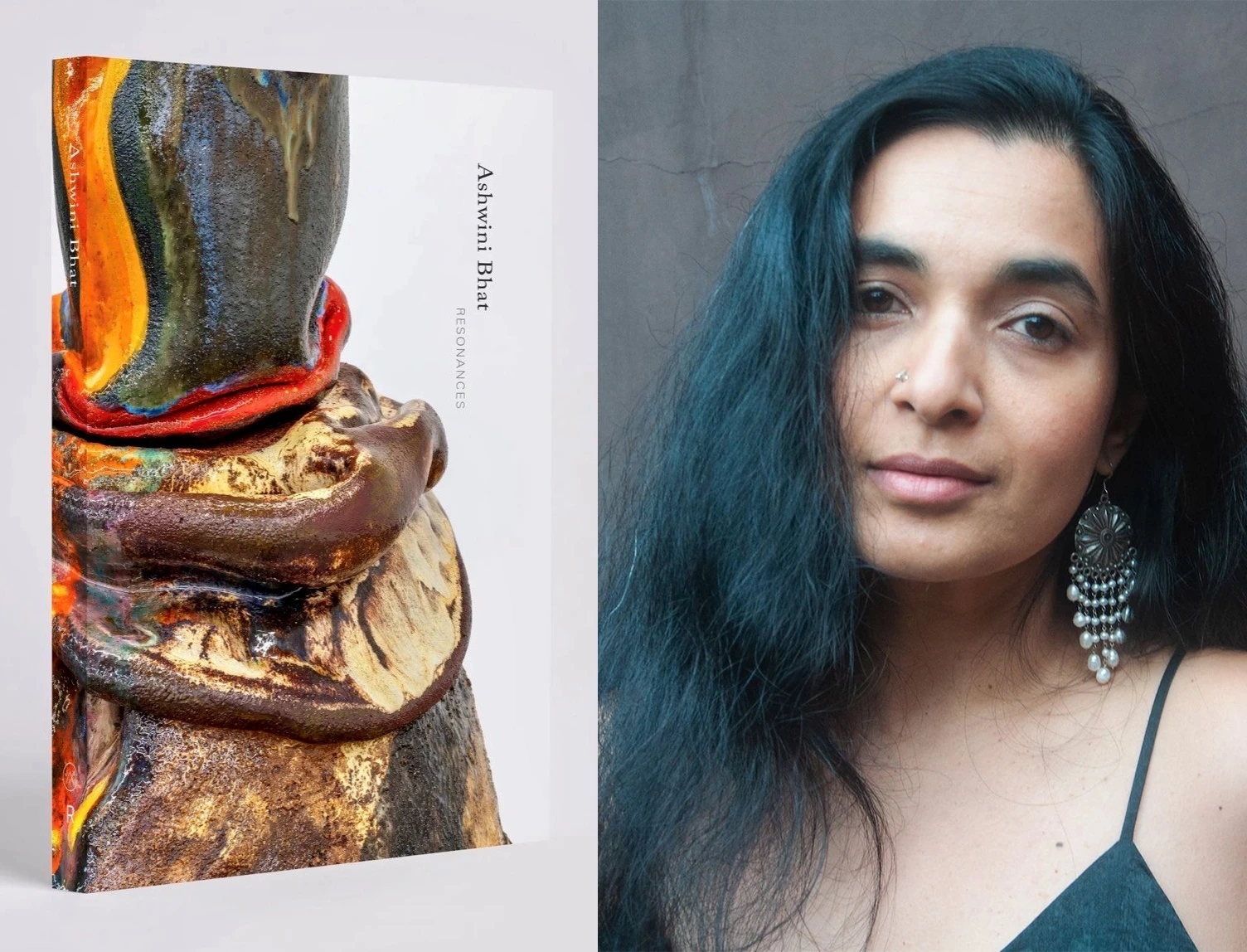 side by side images, on the left photo of a book entitled Resonances featuring an abstract detail of a sculpture on the cover, and on the right a portrait of the author, a dark skinned woman with long, dark hair wearing earrings and a dark dress