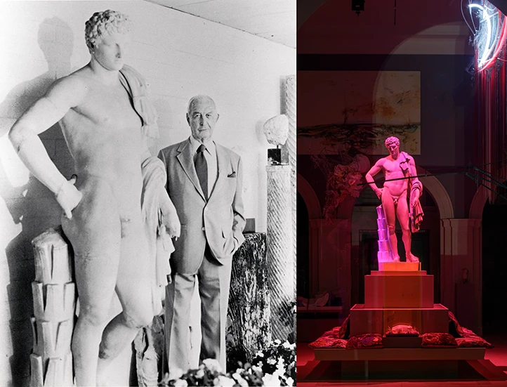 side by side photos, on the left black and white photo of a man in a suit and tie posing with a sculpture of Hermes, and on the right the same sculpture on a pedestal bathed in pink light in a museum gallery
