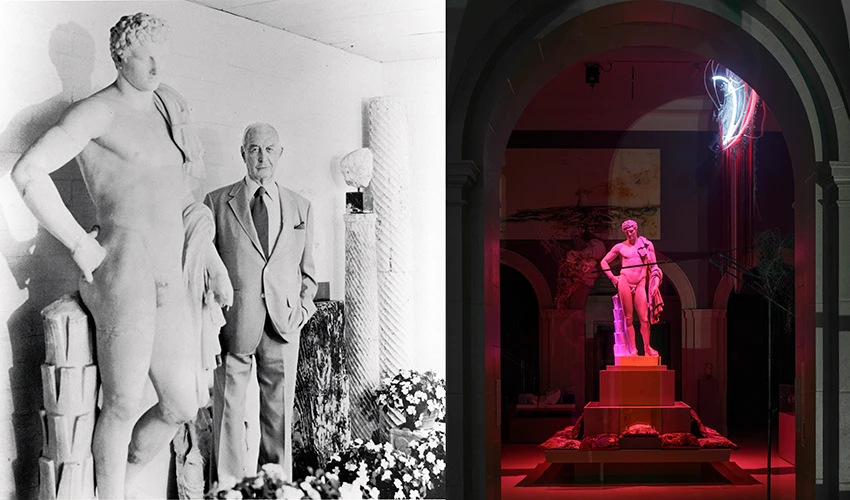 side by side photos, on the left black and white photo of a man in a suit and tie posing with a sculpture of Hermes, and on the right the same sculpture on a pedestal bathed in pink light in a museum gallery