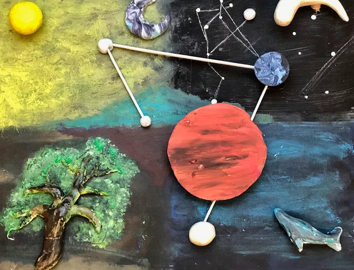 abstract depiction of the universe on a 2D surface including a tree, the sun, planets, and a constellation