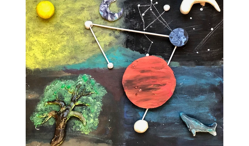 abstract depiction of the universe on a 2D surface including a tree, the sun, planets, and a constellation