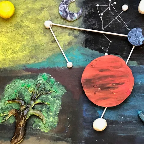 abstract depiction of the universe on a 2D surface including a tree, the sun, planets, and a constellation