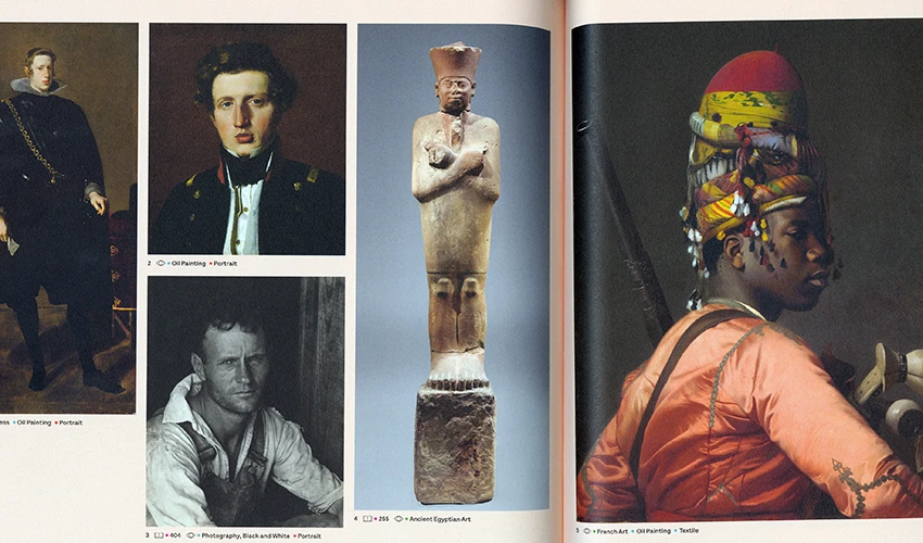 video still of a book layout featuring a variety of portraits including paintings, photos, and sculptures of white and black individuals