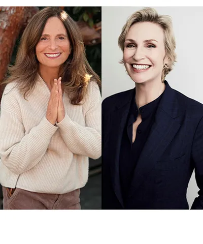 two portraits side by side of a white woman with long, dark hair in a white sweater with her hands raised up in a prayer, and on the right a smiling white woman with short, light hair in a dark suit smiling into the lens