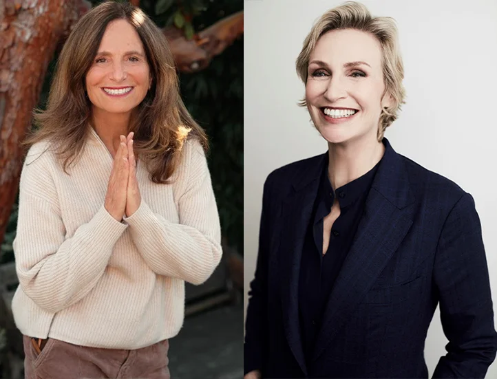 two portraits side by side of a white woman with long, dark hair in a white sweater with her hands raised up in a prayer, and on the right a smiling white woman with short, light hair in a dark suit smiling into the lens