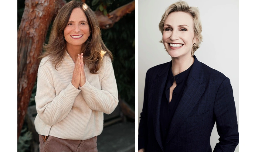 two portraits side by side of a white woman with long, dark hair in a white sweater with her hands raised up in a prayer, and on the right a smiling white woman with short, light hair in a dark suit smiling into the lens