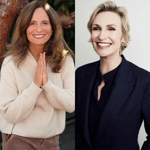 two portraits side by side of a white woman with long, dark hair in a white sweater with her hands raised up in a prayer, and on the right a smiling white woman with short, light hair in a dark suit smiling into the lens