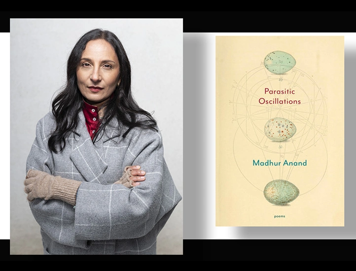 side by side images with a photo of a dark haired woman in a grey top and folded arms and on the right the cover of a book Parasitic Oscillations