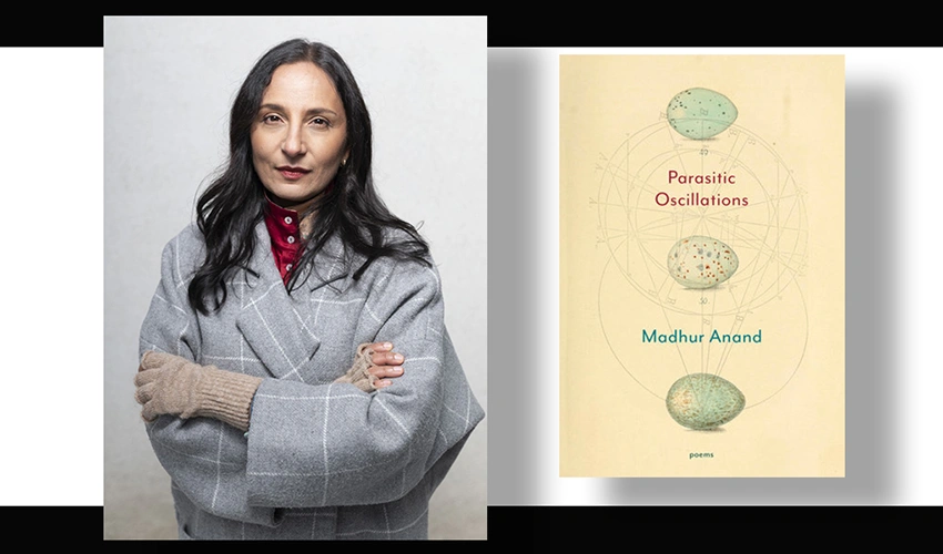 side by side images with a photo of a dark haired woman in a grey top and folded arms and on the right the cover of a book Parasitic Oscillations