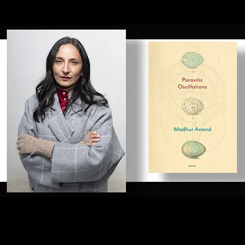 side by side images with a photo of a dark haired woman in a grey top and folded arms and on the right the cover of a book Parasitic Oscillations