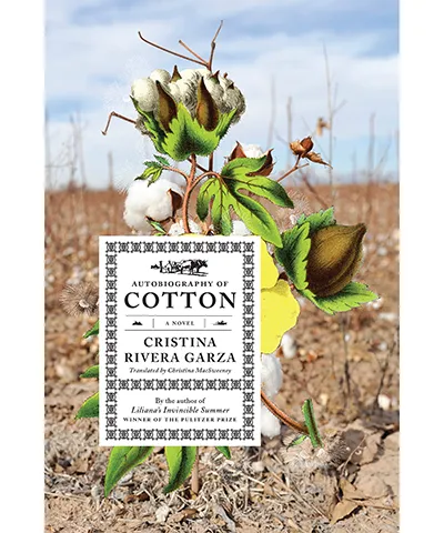 side by side images, a book cover of autobiography of cotton featuring title info over a photo of a dried out landscape and cotton plant, and on the right a portrait of the author in a blue shirt sitting at a table looking into the lens
