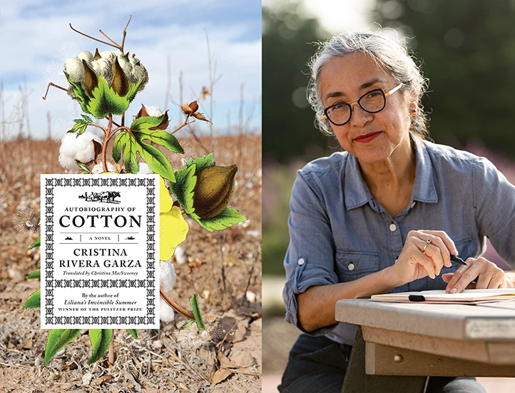 side by side images, a book cover of autobiography of cotton featuring title info over a photo of a dried out landscape and cotton plant, and on the right a portrait of the author in a blue shirt sitting at a table looking into the lens