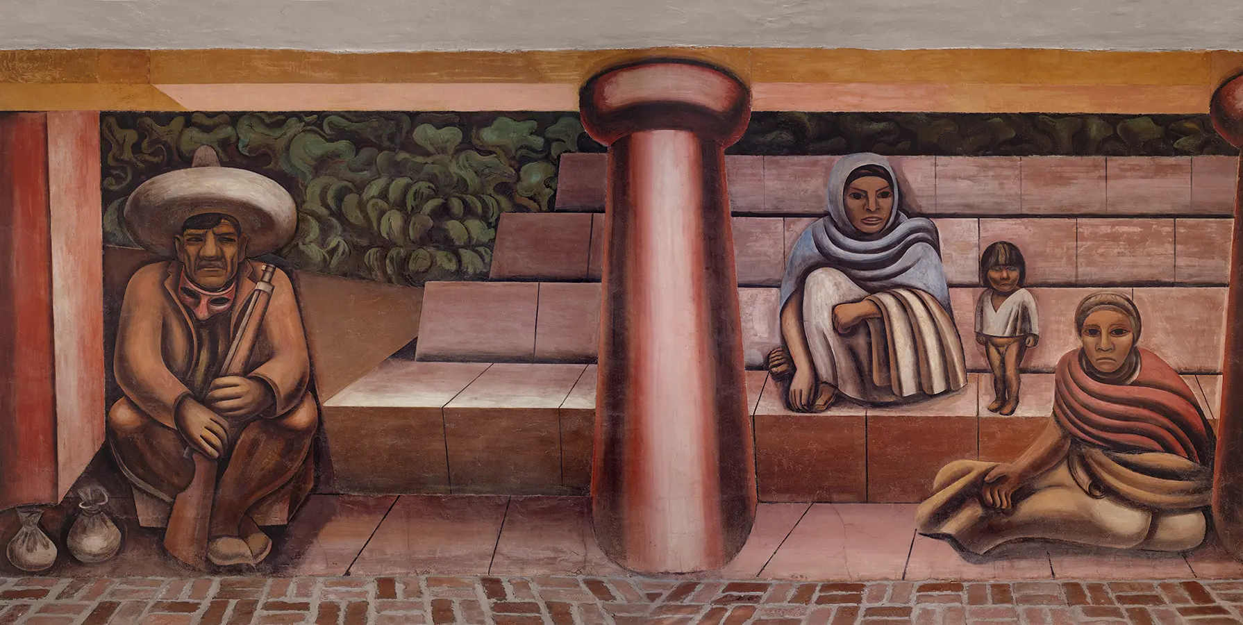 detail of a mural depicting two seated women, and one standing infant, seemingly at the base of exterior steps and flanked by columns.