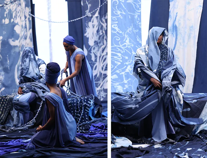 diptych of two photos with three dark skinned people on the left draped in indigo material and on the right a dark skinned person also wrapped in indigo colored material against indigo colored fabric backdrop