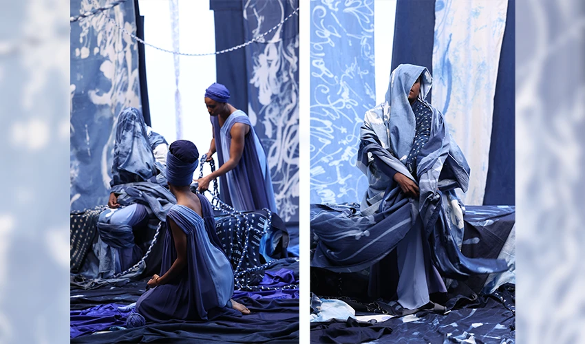 diptych of two photos with three dark skinned people on the left draped in indigo material and on the right a dark skinned person also wrapped in indigo colored material against indigo colored fabric backdrop