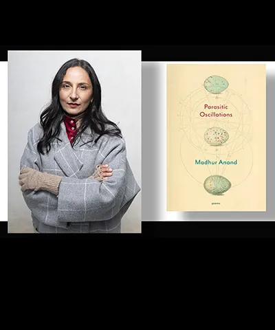side by side images with a photo of a dark haired woman in a grey top and folded arms and on the right the cover of a book Parasitic Oscillations