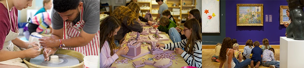 triptych of three photos featuring camp activities including an older man and kid working with a potter's wheel, young kids crafting at a long table, and kids in a gallery being instructed by an older woman