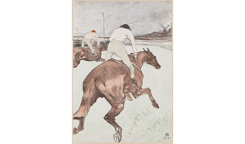 Two jockeys on brown horses, galloping away from the viewer.