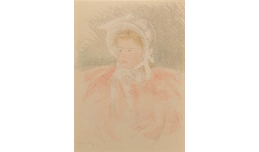 Portrait of a young blonde girl wearing a white bonnet and pink dress, her face turned to the left. 