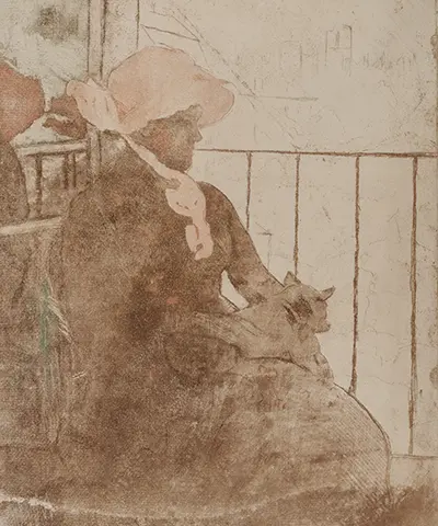 print of woman on a balcony with a cat in her lap