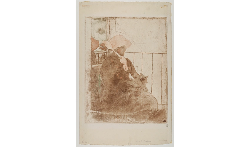 print of woman on a balcony with a cat in her lap