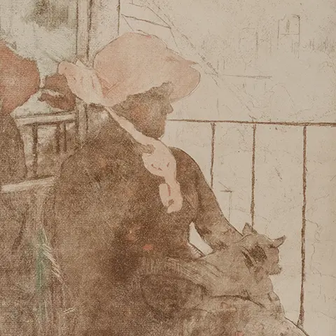 print of woman on a balcony with a cat in her lap