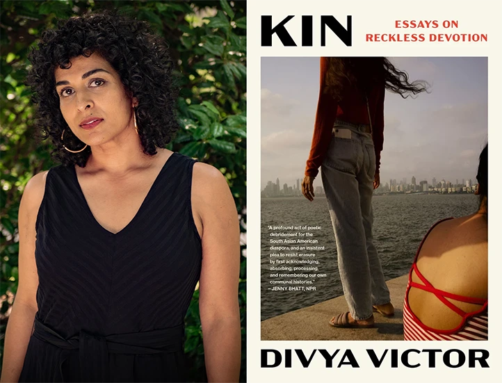 diptych with a portrait of the author in a black top to the left of the cover of her book, Kin