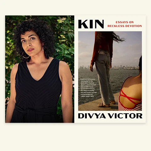 diptych with a portrait of the author in a black top to the left of the cover of her book, Kin