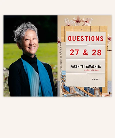 diptych of a portrait of the short haired author in dark clothes outside to the left of the cover of her book, Questions 27 & 28