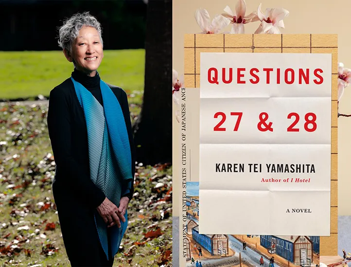 diptych with a portrait of the author to the left of the cover of her book, Questions 27 & 28
