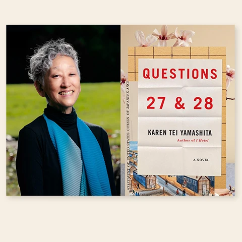 diptych with a portrait of the author to the left of the cover of her book, Questions 27 & 28
