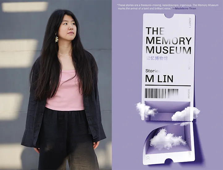 diptych with a portrait of the woman to the left of the cover of her book