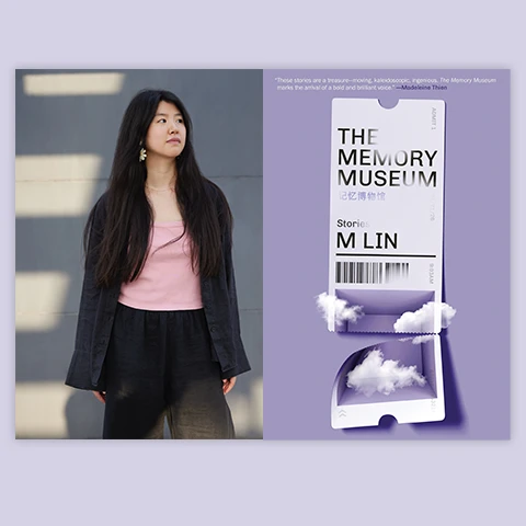 diptych with a portrait of the woman to the left of the cover of her book