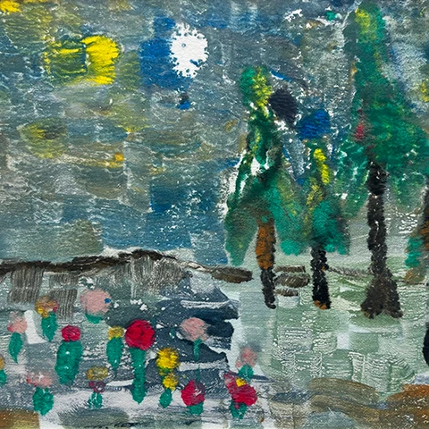 crude painting of a landscape scene with trees