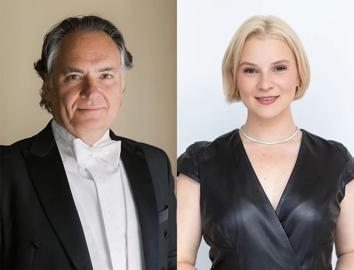 two side by side portraits, on the left an older white man in a tuxedo and on the right a blonde haired white woman in a dark dress